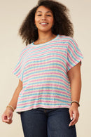 HY9221W Pink Mix Plus Open Knit Multi Stripe Boxy Dolman Top Front