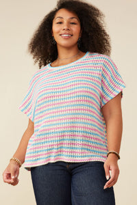 HY9221W Pink Mix Plus Open Knit Multi Stripe Boxy Dolman Top Front