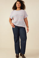 HY9221W Pink Mix Plus Open Knit Multi Stripe Boxy Dolman Top Pose