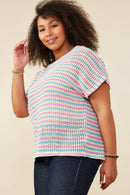 HY9221W Pink Mix Plus Open Knit Multi Stripe Boxy Dolman Top Side