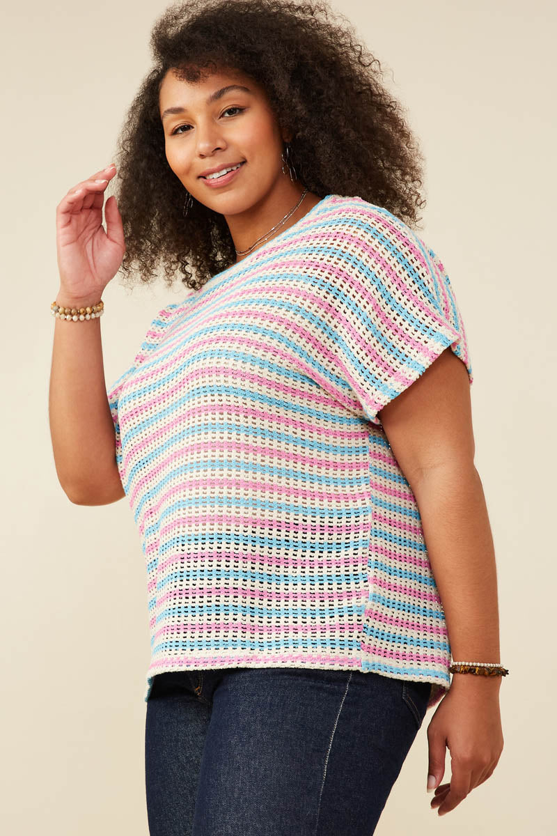 HY9221W Pink Mix Plus Open Knit Multi Stripe Boxy Dolman Top Side