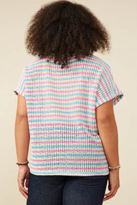 HY9221W Pink Mix Plus Open Knit Multi Stripe Boxy Dolman Top Back