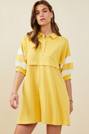 HY9233 Yellow Womens Colorblock Sleeve Collared French Terry Dress Front