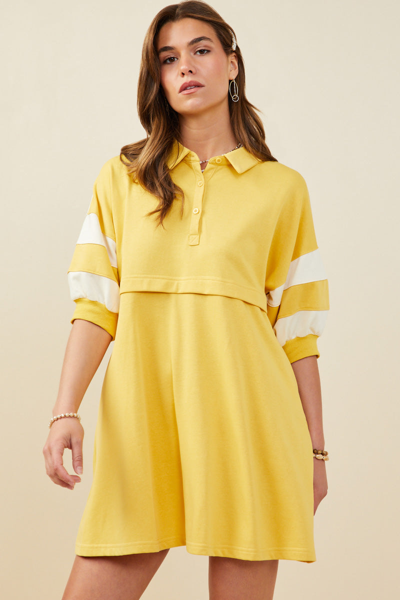 Womens Colorblock Sleeve Collared French Terry Dress