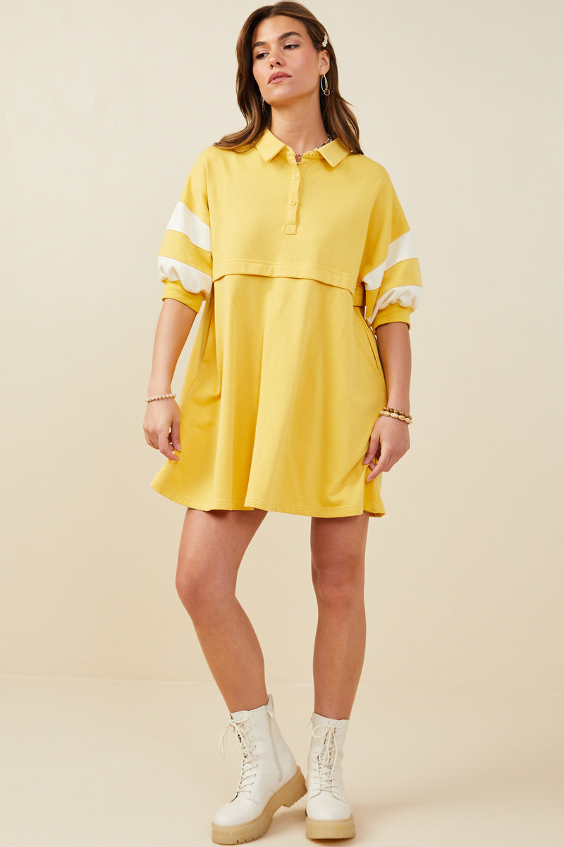 HY9233 Yellow Womens Colorblock Sleeve Collared French Terry Dress Pose