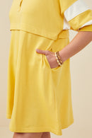 HY9233 Yellow Womens Colorblock Sleeve Collared French Terry Dress Detail