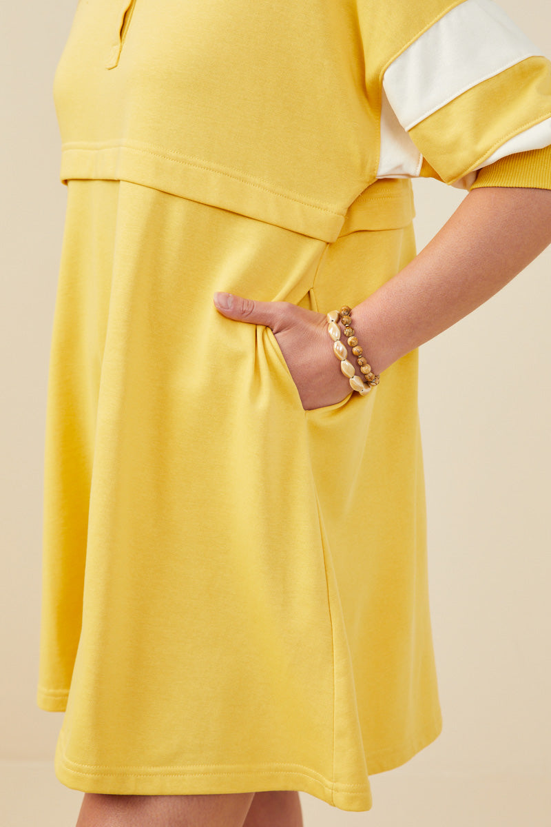 HY9233 Yellow Womens Colorblock Sleeve Collared French Terry Dress Detail