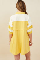 HY9233 Yellow Womens Colorblock Sleeve Collared French Terry Dress Back