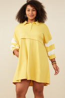 HY9233W Yellow Plus Colorblock Sleeve Collared French Terry Dress Front