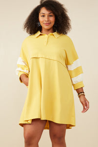 HY9233W Yellow Plus Colorblock Sleeve Collared French Terry Dress Front