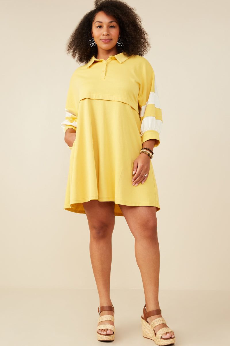 HY9233W Yellow Plus Colorblock Sleeve Collared French Terry Dress Full Body