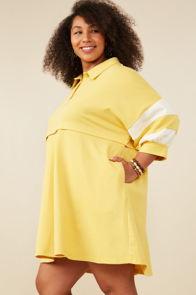HY9233W Yellow Plus Colorblock Sleeve Collared French Terry Dress Side