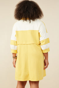 HY9233W Yellow Plus Colorblock Sleeve Collared French Terry Dress Back