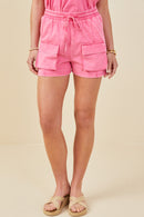 HY9254 Pink Womens Garment Washed Cargo Patch Pocket Knit Shorts Front