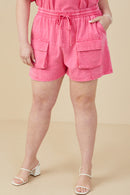 HY9254W Pink Plus Garment Washed Cargo Patch Pocket Knit Shorts Front