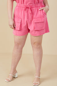 HY9254W Pink Plus Garment Washed Cargo Patch Pocket Knit Shorts Front