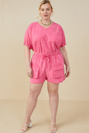 HY9254W Pink Plus Garment Washed Cargo Patch Pocket Knit Shorts Pose