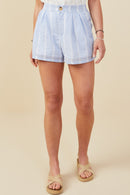 HY9304 Blue Womens Eyelet Lace Striped Buttoned Shorts Front