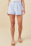 HY9304 Blue Womens Eyelet Lace Striped Buttoned Shorts Front