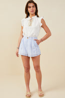 HY9304 Blue Womens Eyelet Lace Striped Buttoned Shorts Pose