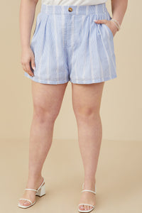 HY9304W Blue Womens Eyelet Lace Striped Buttoned Shorts Front