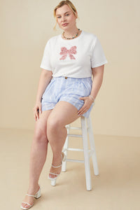 HY9304W Blue Womens Eyelet Lace Striped Buttoned Shorts Pose