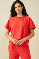 HY9358 Red Womens Washed Short Sleeve Knit Sweatshirt Front