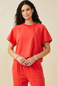 HY9358 Red Womens Washed Short Sleeve Knit Sweatshirt Front