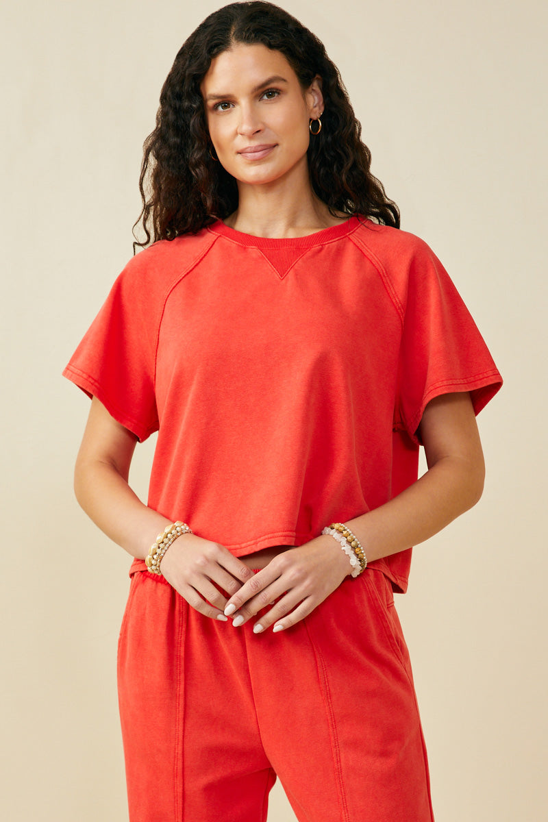 Womens Washed Short Sleeve Knit Sweatshirt