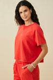 HY9358 Red Womens Washed Short Sleeve Knit Sweatshirt Side