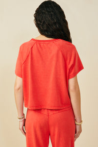 HY9358 Red Womens Washed Short Sleeve Knit Sweatshirt Back