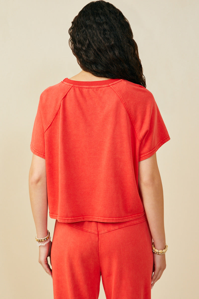 HY9358 Red Womens Washed Short Sleeve Knit Sweatshirt Back