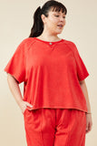 HY9358W Red Plus Washed Short Sleeve Knit Sweatshirt Front