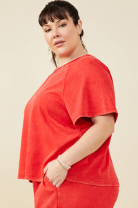 HY9358W Red Plus Washed Short Sleeve Knit Sweatshirt Side