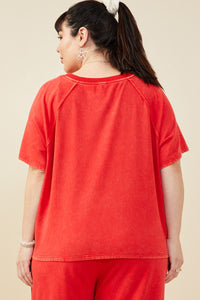 HY9358W Red Plus Washed Short Sleeve Knit Sweatshirt Back