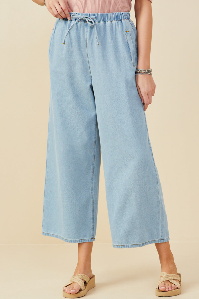 Womens Wide Leg Drawstring Waist Denim Pants