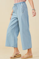 HY9360 Denim Womens Wide Leg Drawstring Waist Denim Pants Side