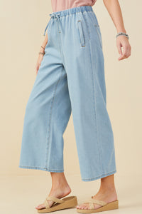 HY9360 Denim Womens Wide Leg Drawstring Waist Denim Pants Side