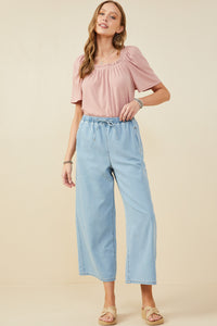 HY9360 Denim Womens Wide Leg Drawstring Waist Denim Pants Pose