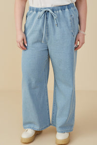 HY9360W Denim Plus Wide Leg Drawstring Waist Denim Pants Front