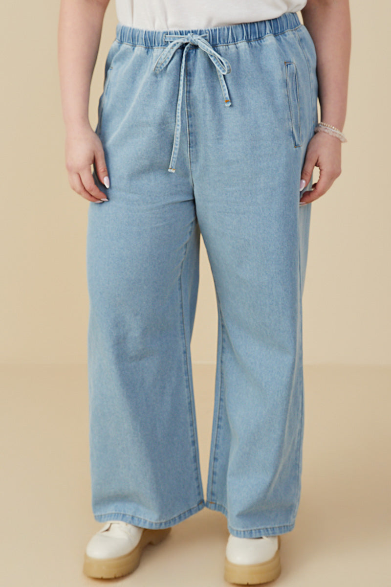 Womens Wide Leg Drawstring Waist Denim Pants