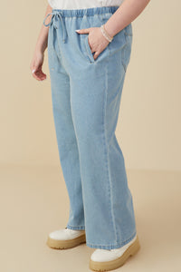 HY9360W Denim Plus Wide Leg Drawstring Waist Denim Pants Side