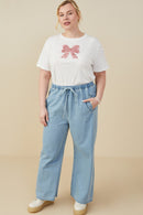 HY9360W Denim Plus Wide Leg Drawstring Waist Denim Pants Pose
