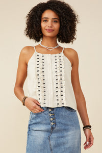 HY9375 Oatmeal Womens Ruffled Tape Trim Linen Tank Front