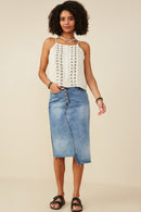 HY9375 Oatmeal Womens Ruffled Tape Trim Linen Tank Pose