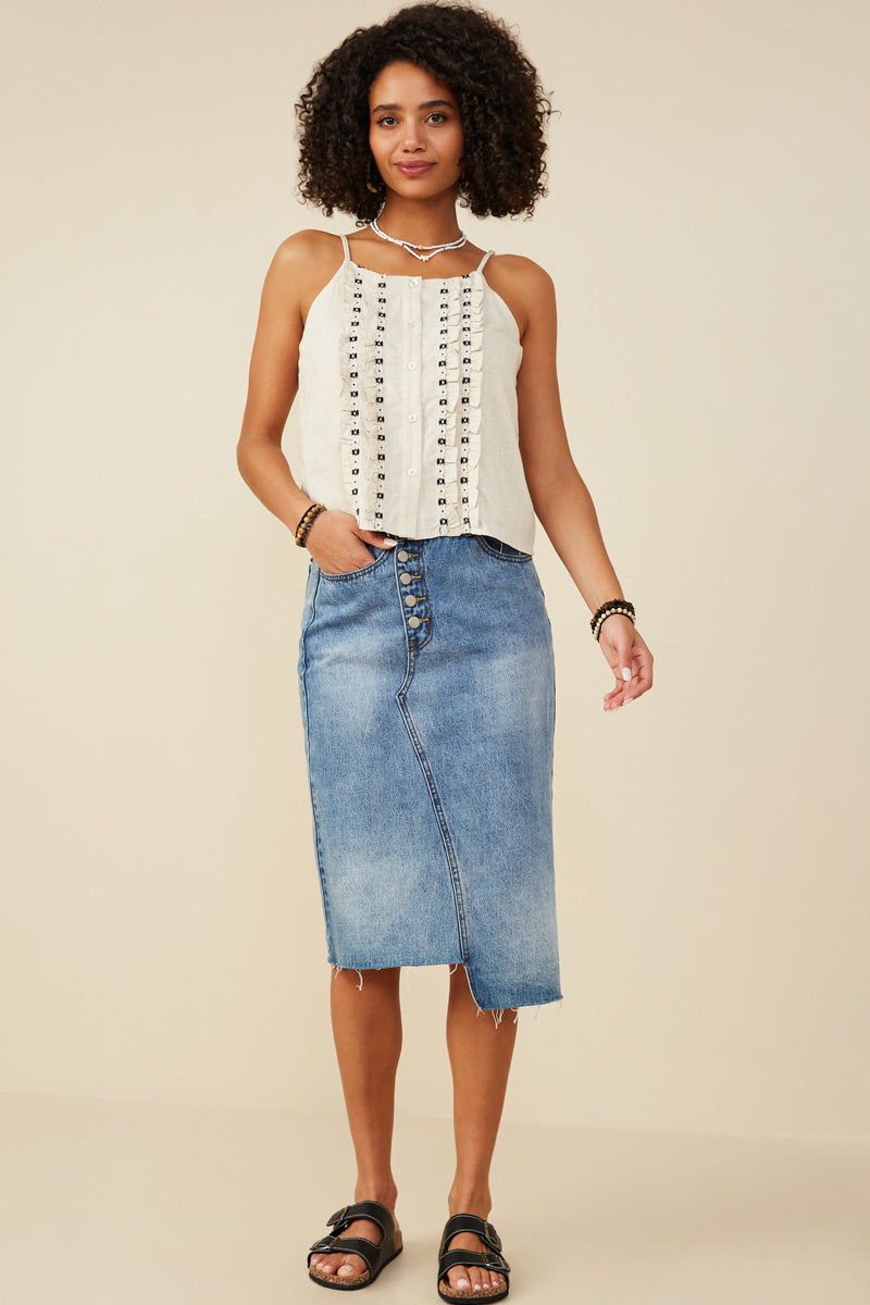 HY9375 Oatmeal Womens Ruffled Tape Trim Linen Tank Pose