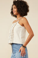 HY9375 Oatmeal Womens Ruffled Tape Trim Linen Tank Side