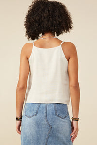 HY9375 Oatmeal Womens Ruffled Tape Trim Linen Tank Back
