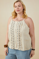HY9375W Oatmeal Plus Ruffled Tape Trim Linen Tank Front