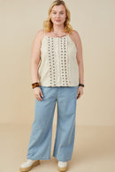 HY9375W Oatmeal Plus Ruffled Tape Trim Linen Tank Pose